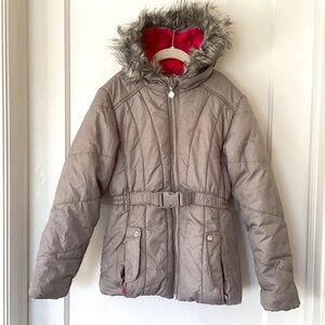 S Rothschild Girl's Coat Size 10-12 silver gray hooded belted faux fur pockets